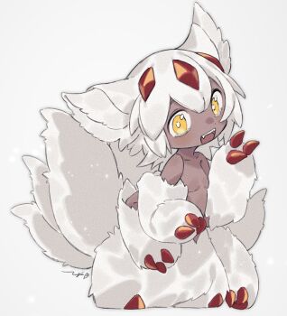 1girl animal_ears body_fur breasts bright_pupils collarbone dark-skinned_female dark_skin extra_arms fang faputa female_focus fluffy grey_fur grey_hair happy hige_(693273545) looking_at_viewer made_in_abyss multiple_tails open_mouth short_hair sidelocks small_breasts smile solo tail teeth white_pupils yellow_eyes