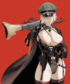 Rule 34 | 1girl, absurdres, belt, black gloves, black thighhighs, blonde hair, blue eyes, breasts, cleavage, coat, commentary, dagger, detached collar, erica (throtem), garter straps, gloves, gun, hair over one eye, hat, highres, holding, holding gun, holding weapon, holster, knife, large breasts, leotard, looking at viewer, machine gun, mg42, military hat, nazi, original, over shoulder, overcoat, red background, sheath, sheathed, simple background, solo, thighhighs, throtem, weapon, weapon over shoulder