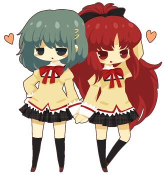 Rule 34 | 2girls, black eyes, black ribbon, black skirt, black socks, blue hair, blunt bangs, blush, bow, bowtie, brown shoes, fortissimo, hair ornament, hair ribbon, hairclip, hand on own head, hand on own hip, heart, holding hands, juliet sleeves, kneehighs, lastworry111, long hair, long sleeves, mahou shoujo madoka magica, miki sayaka, mitakihara school uniform, multiple girls, open mouth, parted bangs, puffy sleeves, red eyes, red ribbon, ribbon, sakura kyoko, school uniform, shoes, short hair, skirt, socks, spoken heart, third-party source, transparent background, yuri
