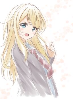 Rule 34 | 1girl, :d, absurdres, blazer, blonde hair, blue eyes, blue shirt, blush, commentary request, diagonal-striped clothes, diagonal-striped necktie, grey jacket, hand up, highres, jacket, long hair, long sleeves, looking at viewer, miyazono kawori, necktie, open clothes, open jacket, open mouth, red necktie, school uniform, shigatsu wa kimi no uso, shirt, sidelocks, sin (sin52y), smile, solo, striped clothes, upper body