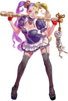 Rule 34 | 1girl, artist request, baseball bat, blonde hair, blue eyes, breasts, cleavage, crystal maiden (series), frills, full body, game cg, garter straps, hair ornament, hanged, holding, holding baseball bat, multicolored hair, official art, over shoulder, purple hair, quinn (crystal maidens), short sleeves, skeleton, skirt, skull hair ornament, smile, solo, star (symbol), transparent background, twintails, two-tone hair, variant set, weapon, weapon over shoulder