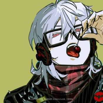 1boy alternate_costume alternate_hairstyle badge bespectacled black-framed_eyewear black_jacket button_badge cherry copyright_notice dated earmuffs empty_eyes fangs fashion food fruit furrowed_brow glasses green_background hair_between_eyes half-closed_eyes highres holding holding_food holding_fruit jacket kuzuha_(nijisanji) looking_at_viewer male_focus medium_hair nijisanji open_mouth plaid_clothes plaid_scarf punk raised_eyebrow red_eyes red_scarf scarf sishuiloe_1994 slit_pupils solo spiked_jacket spikes teeth twitter_username upper_body upper_teeth_only virtual_youtuber white_hair wolf_cut