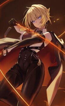 1girl bare_shoulders black_gloves black_jacket black_pants blonde_hair bomberca309 breasts chest_harness choker collared_shirt earrings elbow_gloves evelyn_chevalier gloves hair_ornament harness high-waist_pants highres jacket jacket_on_shoulders jewelry large_breasts looking_at_viewer medium_hair necktie pants purple_eyes shirt sleeveless sleeveless_shirt solo thighs tight_clothes tight_pants white_shirt wire zenless_zone_zero