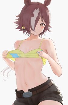Rule 34 | 1girl, absurdres, animal ears, belt, belt buckle, black belt, black shorts, blush, breasts, brown eyes, brown hair, buckle, camisole, camisole lift, closed mouth, clothes lift, commentary request, hair over one eye, highres, honoaka, horse ears, horse girl, lifting own clothes, long hair, looking at viewer, navel, short shorts, shorts, simple background, small breasts, solo, spaghetti strap, umamusume, vodka (umamusume), vodka (wild top gear) (umamusume), white background, yellow camisole