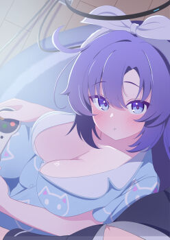 1girl absurdres animal_print blue_archive blue_pajamas blush bow_hairband breasts cat_print cleavage closed_mouth collarbone controller dot_mouth dot_nose fortysansan game_controller hair_between_eyes hairband halo highres holding holding_controller holding_game_controller large_breasts long_hair looking_at_viewer mechanical_halo official_alternate_costume official_alternate_hairstyle pajamas print_pajamas purple_eyes purple_hair red_pupils sidelocks solo white_hairband yuuka_(blue_archive) yuuka_(pajamas)_(blue_archive)