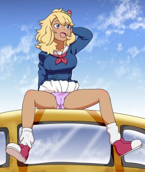 1girl absurdres blonde_hair blue_shirt breasts cameltoe clothes_lift cloud collarbone from_below highres kuga_reimi large_breasts legs long_hair long_sleeves looking_to_the_side loose_socks misaeldm open_mouth panties pink_panties purple_eyes school_uniform shirt shoes shuumatsu_train_doko_e_iku? sitting skirt skirt_lift sky smile socks solo spread_legs thighs uncensored underwear upskirt white_socks