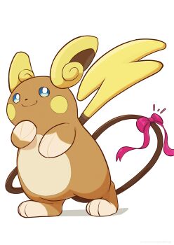 absurdres alolan_form alolan_raichu blue_eyes bow closed_mouth commentary full_body gen_7_pokemon highres nintendo no_humans orange_fur pokemon pokemon_(creature) pokemon_focus raaaichupudding simple_background smile solo symbol-only_commentary tail tail_bow tail_ornament white_background