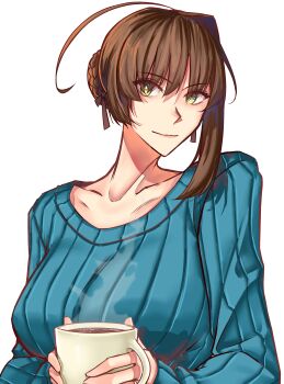 1girl absurdres ahoge braid breasts brown_hair bun_with_braided_base collarbone commentary cup duvalie eiyuu_densetsu english_commentary green_eyes hair_between_eyes hair_bun highres holding holding_cup large_breasts looking_at_viewer moren_eh ribbed_sweater sen_no_kiseki_(series) simple_background single_hair_bun single_sidelock smile solo steaming_cup sweater upper_body white_background