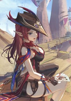 1girl asymmetrical_legwear asymmetrical_pants bare_shoulders belt blue_eyes blue_sky box bracelet breasts brown_gloves chasca_(genshin_impact) cleavage clothing_cutout cloud cloudy_sky commentary_request crop_top dekalco earrings fingerless_gloves from_side genshin_impact gloves gradient_hair hat highres holding holding_letter jewelry large_breasts letter long_hair looking_at_object looking_down looking_to_the_side multicolored_hair on_box open_mouth outdoors paper pink_lips pointy_ears red_hair red_scarf scarf shade sideboob single_sidelock sitting sitting_on_box sky sleeveless solo thigh_cutout thighlet thighs