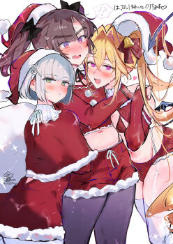 !? 3boys absurdres ayase_ayato_(imamiya_pinoko) bell black_bow black_pantyhose blonde_hair blush bow brown_hair bulge closed_mouth commentary_request crop_top crossdressing crossdressing_(mtf) green_eyes grey_hair hair_bell hair_bow hair_intakes hair_ornament hat highres hirakawa_mahiru_(imamiya_pinoko) imamiya_pinoko kakage_azusa_(imamiya_pinoko) long_hair long_sleeves looking_at_viewer male_focus multiple_boys navel original pantyhose parted_bangs parted_lips ponytail purple_eyes red_bow red_shorts santa_costume santa_hat short_hair shorts speech_bubble spoken_interrobang thick_eyebrows thighhighs translation_request trap twintails white_thighhighs