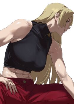 1girl abs absurdres bare_shoulders black_shirt blonde_hair breasts commentary crop_top cropped_legs from_side hand_on_own_hip highres jujutsu_kaisen large_breasts looking_at_viewer midriff muscular muscular_female navel pants parted_bangs red_eyes red_pants shirt simple_background sleeveless sleeveless_turtleneck smile solo solo_focus taiyang_yu toned tsukumo_yuki_(jujutsu_kaisen) turtleneck white_background