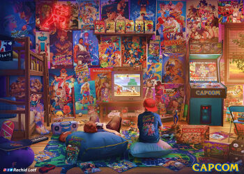 1990s_(style) 2boys absurdly_detailed_composition action_figure american_football_(object) arcade_cabinet arcade_stick back_to_the_future backwards_hat ball baseball_cap basketball_(object) bean_bag_chair bed bedroom board_game book boombox brown_hair bunk_bed cameo capcom captain_america carpet chair character_doll chun-li commentary controller copyright_name crt cushion cyclops_(x-men) doll english_commentary english_text evil_ryu facebook_username folding_chair game_cartridge game_console game_controller hat highres hoverboard instagram_username instrument joystick keyboard_(instrument) loaded_interior m._bison male_focus marvel marvel_vs._capcom messy_room mixed_media monopoly multiple_boys neon_lights neon_sign official_art playing_games playstation_1 poster_(object) powerglove print_shirt puzzle_fighter rachid_lotf retro_artstyle rubik&#039;s_cube rubix_cube ryu_(street_fighter) shirt skateboard spider-man statuette street_fighter street_fighter_ex_(series) street_fighter_ii_(series) street_fighter_iii_(series) street_fighter_zero_(series) super_nintendo television twitter_logo twitter_username vega_(street_fighter) water_gun wolverine_(x-men) x-men x-men_vs._street_fighter