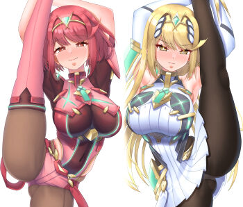 2girls absurdres arm_guards armor armpits ass bare_shoulders black_gloves black_pantyhose blonde_hair blush bob_cut breasts chest_jewel commentary_request core_crystal_(xenoblade) dress earrings elbow_gloves fingerless_gloves floating_earrings gloves half-closed_eyes highres impossible_clothes jewelry large_breasts leg_up long_hair meipasuye micro_shorts microdress multiple_girls mythra_(massive_melee)_(xenoblade) mythra_(xenoblade) neon_trim nintendo pantyhose pantyhose_under_shorts pyra_(xenoblade) red_eyes red_hair red_shorts short_hair short_sleeves shorts shoulder_armor smile super_smash_bros. suspenders swept_bangs thighhighs thighhighs_over_pantyhose tiara very_long_hair white_dress white_gloves xenoblade_chronicles_(series) xenoblade_chronicles_2 yellow_eyes