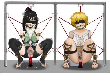 2boys absurdres anal anal_object_insertion arms_behind_back bare_shoulders black_gloves black_hair black_thighhighs blindfold blonde_hair bound bound_arms chastity_cage chastity_cage_emission clothing_cutout collar collarbone commentary_request dildo drooling elbow_gloves elegia gag gagged gloves green_shirt highres large_variant_set long_hair multiple_boys navel_cutout object_insertion open_mouth original ponytail pubic_tattoo restrained ring_gag sandals separated_legs sex_toy shirt short_hair shorts sleeveless sleeveless_shirt small_chastity_cage spread_legs squatting stationary_restraints stirrup_legwear tattoo testicles thighhighs tiya_(yi_er_san_si) toeless_legwear tongue tongue_out trap variant_set