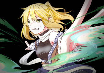 1girl absurdres arm_warmers black_background black_shirt blonde_hair breasts brown_shirt clenched_teeth commentary_request green_eyes half_updo high_ponytail highres looking_at_viewer medium_breasts medium_hair mizuhashi_parsee ponytail sash scarf shirt short_sleeves solo suirium0723 teeth touhou undershirt upper_body white_sash white_scarf
