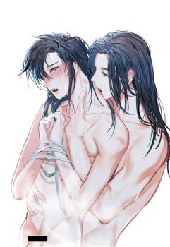 2boys alternate_hairstyle anal bar_censor bdsm bishounen bite_mark biting black_hair blush bound bound_wrists censored collarbone completely_nude crying ear_blush fang grey_eyes hair_down hickey highres hug hug_from_behind implied_sex jujeop lan_wangji long_hair looking_at_another male_focus modao_zushi multiple_boys navel neck_biting nipples nude open_mouth pectorals penis ribbon ribbon_bondage sex sex_from_behind simple_background steam tears teeth toned toned_male wei_wuxian wet wet_face wet_hair white_background white_ribbon yaoi yellow_eyes