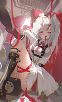 1girl absurdres beret black_boots blush boots collared_shirt dress gradient_hair grey_hair hat highres hololive horns indoors jacket jinbei_(user_tpny4757) knee_boots mouth_hold multicolored_hair nakiri_ayame nakiri_ayame_(9th_costume) neck_ribbon official_alternate_costume oni red_eyes red_hair red_ribbon ribbon shirt skin-covered_horns skirt solo virtual_youtuber white_dress white_hat white_jacket white_shirt white_skirt