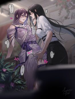 2girls absurdres arm_support black_hair black_pants breath clothed_sex cowboy_shot dress fingering gradient_hair heavy_breathing highres lezissmitozer looking_at_another multicolored_hair multiple_girls pants path_to_nowhere purple_hair rahu_(path_to_nowhere) shalom_(path_to_nowhere) shirt smile standing white_shirt yuri