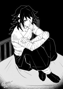 1boy bandages black_background black_pants closed_mouth collarbone full_body greyscale highres kimetsu_no_yaiba long_hair low_ponytail male_focus monochrome on_bed one_eye_covered pants ponytail simple_background sitting solo spiked_hair tabi tomioka_giyuu yanae1573_2