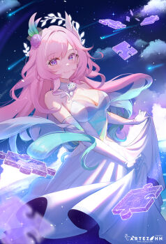 1girl absurdres alternate_costume artezahn artist_logo artist_name bare_shoulders blue_hair breasts cleavage closed_mouth commentary cyrene_(demiurge)_(honkai:_star_rail) cyrene_(honkai:_star_rail) diamond-shaped_pupils diamond_(shape) dress elbow_gloves english_commentary flower gloves gradient_hair hair_flower hair_ornament halo highres honkai:_star_rail honkai_(series) large_breasts light_blush logo long_dress long_hair looking_at_viewer medium_breasts multicolored_hair pink_flower pink_hair pink_rose purple_eyes puzzle_piece rose shooting_star skirt_hold sky smile solo strapless strapless_dress symbol-shaped_pupils very_long_hair white_dress white_gloves