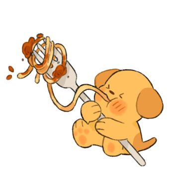 >_< animal animal_focus commentary dog eating english_commentary food fork holding holding_fork mjoyart no_humans original pasta simple_background spaghetti white_background