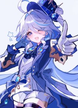 1girl ahoge amase_(amase_222) ascot asymmetrical_gloves back_bow black_ascot blue_bow blue_gem blue_gloves blue_hair blue_hat blue_jacket blue_sash blush bow commentary_request cowboy_shot drill_hair drill_sidelocks drop-shaped_pupils eyelashes floating_hair furina_(genshin_impact) gem genshin_impact gloves grey_hair hair_between_eyes hands_up hat hat_ornament hat_ribbon highres huge_ahoge jacket jewelry lapels long_hair long_sleeves looking_at_viewer low_twintails mismatched_gloves multicolored_hair one_eye_closed open_clothes open_jacket open_mouth pendant purple_eyes ribbon sash short_shorts shorts sidelocks simple_background smile solo standing star_(symbol) symbol-shaped_pupils thigh_strap twintails two-tone_hair very_long_hair vest vision_(genshin_impact) white_background white_gloves white_ribbon white_shorts white_vest