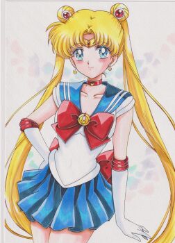 1girl absurdres bishoujo_senshi_sailor_moon blonde_hair blue_eyes blue_sailor_collar bow chikoto_(kztc4472) choker collarbone commentary double_bun earrings elbow_gloves gloves hair_bun hair_ornament highres jewelry long_hair looking_at_viewer red_choker sailor_collar sailor_moon sailor_senshi_uniform skirt smile solo star_(symbol) star_earrings transformation_brooch_(sailor_moon) tsukino_usagi twintails white_gloves