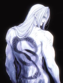 Rule 34 | 1boy, aqua eyes, back tattoo, black background, final fantasy, final fantasy vii, hair over shoulder, hashtag-only commentary, highres, long hair, looking at viewer, male focus, nude, parted bangs, sephiroth, snake print, snake tattoo, solo, tattoo, twitter username, upper body, wet, white hair, yuexiao