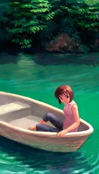 Rule 34 | 1girl, blouse, boat, bob cut, brown hair, capri pants, collared shirt, day, female focus, frown, nature, outdoors, pants, pink shirt, plant, ripples, shirt, short hair, sitting, sleeveless, sleeveless shirt, solo, water, watercraft