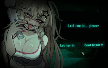 1girl black_choker blonde_hair breasts choker cleavage commentary cowboy_shot dark_background dialogue_box dialogue_options dokidomiki drooling english_text fangs fingernails gauze gauze_on_cheek gauze_on_face grey_shorts hair_between_eyes hair_ornament hand_up heavy_breathing hitachi_magic_wand holding_vibrator large_breasts long_hair looking_at_viewer makeup messy_hair miki_(dokidomiki) mole mole_under_eye mole_under_mouth nail_polish no_i&#039;m_not_a_human open_mouth original parody pink_eyes pink_nails ring_light_reflection runny_makeup saliva saliva_on_breasts sex_toy short_shorts shorts smile solo star_(symbol) star_hair_ornament tank_top teeth tongue tongue_out vibrator white_tank_top