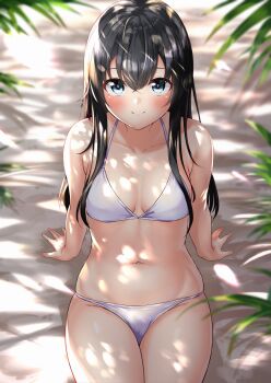 1girl arm_support bikini black_hair blue_eyes blush breasts cameltoe collarbone commentary_request cowboy_shot crossed_bangs hair_between_eyes hair_ribbon highres long_hair looking_at_viewer meri-san navel on_ground outdoors red_ribbon ribbon sitting small_breasts smile solo swimsuit white_bikini yahari_ore_no_seishun_lovecome_wa_machigatteiru. yukinoshita_yukino