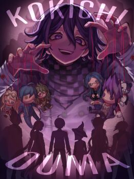 4girls 5boys ahoge black_hair blonde_hair blue_hair button_eyes buttons character_doll character_name checkered_clothes checkered_scarf commentary danganronpa_(series) danganronpa_v3:_killing_harmony doll english_commentary flipped_hair goggles goggles_on_head gokuhara_gonta green_hair hair_between_eyes hands_up happy_birthday harukawa_maki highres iruma_miu jacket k1-b0 long_hair long_sleeves looking_at_viewer medium_hair momota_kaito monokuma multiple_boys multiple_girls oma_kokichi open_mouth puppet puppet_strings purple_eyes purple_hair purple_theme saihara_shuichi scarf shirogane_tsumugi short_hair silhouette smile spiked_hair spoilers string teeth two-tone_scarf upper_teeth_only very_long_hair vixx_(vixiolatte) yumeno_himiko