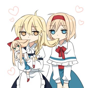 3girls alice_margatroid apron back_bow black_skirt black_vest blonde_hair blue_dress bow bowtie braid capelet collared_shirt commentary_request doll dress eating_hair expressionless hair_bow hairband heart kirisame_marisa long_sleeves lowres multiple_girls no_headwear red_bow red_bowtie red_hairband shanghai_doll shirt side_braid simple_background single_braid skirt touhou tsuno_no_hito vest waist_apron white_apron white_background white_bow white_capelet white_shirt yellow_eyes yuri