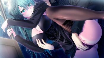 1boy 1girl ass black_dress black_panties black_thighhighs blush breasts chikan cleavage dress fingering fingering_from_behind fingering_through_clothes fingering_through_panties game_cg grabbing_another's_breast grabbing_from_behind green_eyes green_hair groping highres hoshinaga_serika kyokugen_chikan_tokuiten_neo large_breasts m&amp;m_(mickey_and_mackey) molestation panties thighhighs thighs through_clothes underwear
