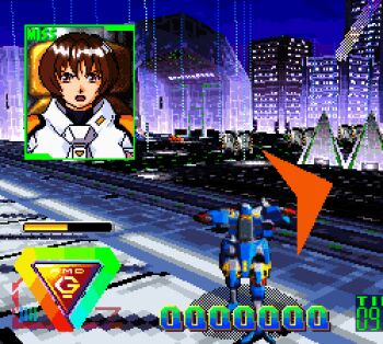 1990s_(style) 1girl angry animated animated_gif armor arrow_(symbol) billboard brown_eyes brown_hair building bulk_slash city cityscape cyberpunk dancing game_console gameplay_mechanics heads-up_display leone_rhodes light lights lowres machinery mecha night pilot_suit pixel_art profile rain retro_artstyle robot science_fiction searchlight sega sega_saturn serious spotlight standing talking upper_body user_interface video_game