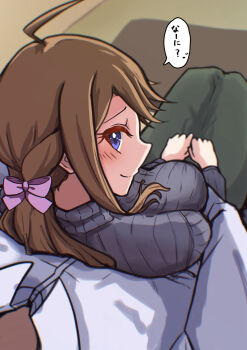 1boy 1girl absurdres breasts head_out_of_frame highres hug hug_from_behind idolmaster idolmaster_million_live! large_breasts looking_at_viewer pov sitting sitting_on_lap sitting_on_person solo_focus sweater tokoro_megumi turtleneck turtleneck_sweater twoki