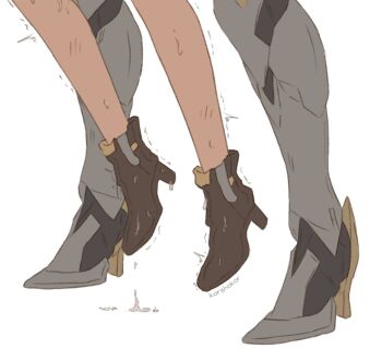 2girls ankle_boots armored_boots artist_name boots brown_footwear commentary hanging_legs english_commentary firefly_(honkai:_star_rail) footwear_focus grey_footwear height_difference high_heel_boots high_heels honkai:_star_rail honkai_(series) implied_sex korshokor lifting_person multiple_girls out_of_frame sam_(honkai:_star_rail) sex sex_from_behind simple_background standing standing_on_liquid stelle_(honkai:_star_rail) trailblazer_(honkai:_star_rail) twitching twitter_username white_background yuri