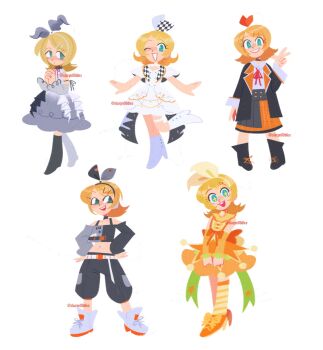 +_+ 1girl :3 ;d animal_ear_hairband animal_ears aqua_eyes bare_shoulders black_jacket blonde_hair blush boots bow bright_pupils checkered_clothes closed_mouth collared_shirt commentary costume_request detached_sleeves dress eyelashes fake_animal_ears full_body grey_boots grey_dress grey_pants hair_ornament hair_ribbon hairband hairclip hands_on_own_hips high_heel_boots high_heels highres jacket kagamine_rin long_sleeves medium_hair mismatched_boots multiple_views neck_ribbon one_eye_closed open_clothes open_jacket open_mouth orange_bow orange_shirt orange_shoes orange_skirt pants project_sekai rabbit_ear_hairband rabbit_ears red_ribbon ribbon shirt shoelaces shoes short_sleeves simple_background skirt slurpn00dles smile socks split-color_clothes striped_clothes striped_socks teeth twitter_username two-tone_skirt upper_teeth_only vocaloid w white_background white_dress white_hairband white_pupils white_shirt white_shoes