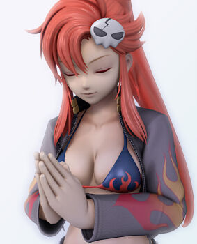 00s 1girl 3d bikini bikini_top_only breasts cleavage closed_eyes female_focus gradient_background hair_ornament jacket kanzeon non-web_source own_hands_clasped own_hands_together ponytail red_hair solo swimsuit tengen_toppa_gurren_lagann yoko_littner