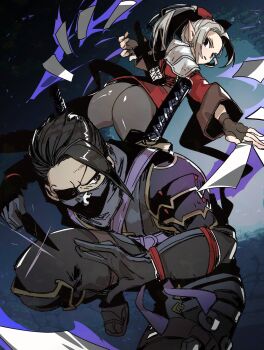 Rule 34 | 1boy, 1girl, armor, black gloves, black hair, black pants, brown gloves, chokutou, elf, eyepatch, fingerless gloves, gloves, grey pants, highres, holding, holding weapon, katana, kiriha (wizardry), kunai, looking at another, looking back, narita imomushi, ninja, ninjatou, pants, parted bangs, pauldrons, pointy ears, ponytail, red shirt, rinne (wizardry), sandals, sheath, sheathed, shirt, short sword, shoulder armor, sword, tabi, weapon, weapon on back, white hair, wizardry, wizardry variants daphne, zouri