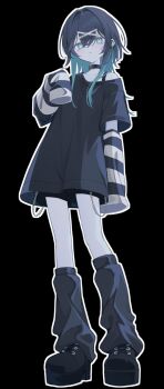 Rule 34 | 1girl, absurdres, aqua eyes, aqua hair, arm up, arm warmers, belt collar, black arm warmers, black background, black hair, black leg warmers, black shirt, black shoes, black shorts, chain, collar, commentary, cross, cross-shaped pupils, cross earrings, dot nose, double-parted bangs, earrings, full body, hair between eyes, hair intakes, hair ornament, highres, jewelry, leg warmers, long hair, multicolored hair, off-shoulder shirt, off shoulder, original, oversized clothes, oversized shirt, platform shoes, shirt, shoes, shorts, sidelocks, single off shoulder, sleeves past fingers, sleeves past wrists, slim legs, strap, striped arm warmers, su ha ya, symbol-shaped pupils, thighs, two-tone hair, white arm warmers, wolf cut, x hair ornament, yayo (su ha ya)