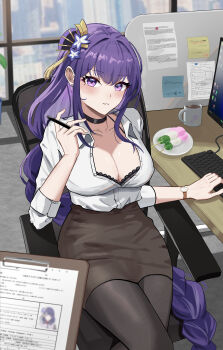 1girl absurdres alternate_costume alternate_universe black_bra black_pantyhose blunt_bangs blurry blush bra braid breasts chair cleavage clipboard coffee collared_shirt commentary computer computer_keyboard dango depth_of_field desk fan_hair_ornament food game_screenshot genshin_impact hair_between_eyes hair_ornament head_tilt highres holding holding_clipboard huge_breasts long_braid looking_at_viewer mole mole_under_eye multicolored_eyes multicolored_hair office_lady on_chair pantyhose paper parted_lips pov purple_eyes purple_hair raiden_shogun shade shirt single_braid sitting skirt sleeves_rolled_up solo_focus thigh_focus thighs underwear wagashi watch white_shirt window wristwatch yomo_(mochiyomo4646)