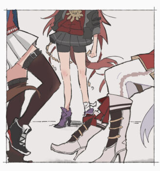 3girls beer_hsk bike_shorts black_boots black_jacket black_shorts blue_jacket boots brown_hair brown_thighhighs commentary_request dress gold_ship_(red_strife)_(umamusume) gold_ship_(umamusume) grey_background grey_boots grey_skirt high_heel_boots high_heels horse_tail jacket leg_focus long_hair multiple_girls nakayama_festa_(umamusume) open_clothes open_jacket orfevre_(old_design)_(umamusume) pantyhose pleated_skirt purple_boots red_dress red_sweater shorts shorts_under_skirt skirt sweater tail thighhighs umamusume very_long_hair white_pantyhose white_skirt