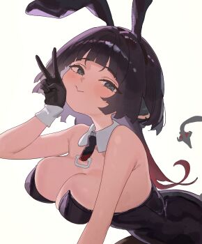 1girl animal_ears arch_05x bare_shoulders black_gloves black_hair black_leotard breasts cleavage closed_mouth commentary detached_collar english_commentary fake_animal_ears gloves gradient_hair green_eyes highres jane_doe_(zenless_zone_zero) large_breasts leotard long_hair mouse_ears mouse_girl mouse_tail multicolored_hair playboy_bunny rabbit_ears red_hair sharp_tail simple_background smile solo strapless strapless_leotard tail v white_background white_wrist_cuffs wrist_cuffs zenless_zone_zero