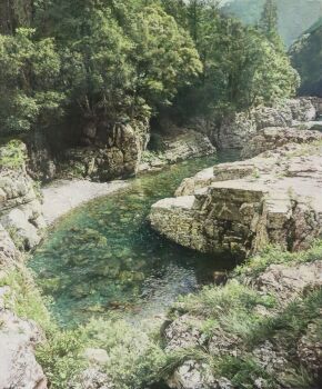 Rule 34 | absurdres, commentary request, day, forest, highres, hill, naohiro ito, nature, no humans, original, outdoors, painting (medium), photorealistic, realistic, river, riverbank, scenery, shadow, sunlight, traditional media, tree, tree shade, water