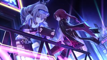 2girls absurdres bad_link belt black_bow black_choker black_footwear black_gloves black_jacket black_shorts boots bow choker city cityscape controller drill_hair drill_ponytail dutch_angle eyewear_on_head fingerless_gloves fur-trimmed_jacket fur_trim game_cg game_controller garter_straps gloves goggles goggles_on_head grey_hair hair_between_eyes hair_bow high-waist_shorts highres holding holding_controller holding_game_controller honkai:_star_rail honkai_(series) jacket jacket_on_shoulders kafka_(honkai:_star_rail) long_hair looking_at_viewer looking_to_the_side midriff midriff_peek multiple_girls night official_art on_railing pantyhose ponytail purple-tinted_eyewear purple_gloves purple_hair railing shirt shorts silver_wolf_(honkai:_star_rail) sitting sky smile thigh_strap tinted_eyewear white_belt white_shirt