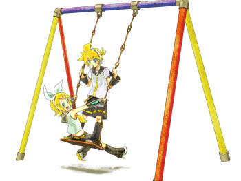1boy 1girl :d :o black_leg_warmers blonde_hair blue_eyes bow crop_top detached_sleeves hair_ornament hairclip headset highres kagamine_len kagamine_rin leg_warmers looking_at_viewer looking_back neckerchief necktie open_mouth ponytail puffy_sleeves short_hair short_ponytail shorts sleeveless smile swing_set vocaloid yellow_nails yellow_neckerchief yellow_necktie yoneda_(datsugoku)