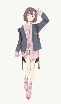 Rule 34 | 1girl, backpack, bag, blazer, buttons, commentary request, cowlick, full body, highres, jacket, lapels, legs, no pants, one eye closed, open clothes, open jacket, original, pajamas, parted lips, pink pajamas, pink socks, pinstripe pattern, popman3580, simple background, sleepy, socks, wardrobe error, white background