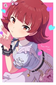 :t absurdres black_ribbon blue_shirt blunt_bangs blush border bow commentary_request fingernails flipped_hair grey_skirt hair_bow heart highres houraijin idolmaster idolmaster_million_live! looking_at_viewer neck_ribbon nonohara_akane pink_background pink_bow red_eyes red_hair ribbon scrunchie shirt short_hair short_sleeves skirt suspender_skirt suspenders white_border wrist_scrunchie