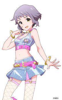 Rule 34 | 1girl, :d, belt, belt buckle, bracelet, breasts, buckle, chest strap, copyright notice, fishnet thighhighs, fishnets, garter straps, gold bracelet, gold buckle, gold choker, gold necklace, idol clothes, idolmaster, idolmaster million live!, jewelry, lightning bolt ornament, makabe mizuki, midriff, million dreams (idolmaster), miniskirt, navel, necklace, official art, open mouth, pendant, pink belt, pink garter straps, purple hair, sequins, short hair, shoulder strap, silver skirt, skirt, small breasts, smile, solo, thighhighs, underbust, wavy sidelocks, white background, yellow eyes